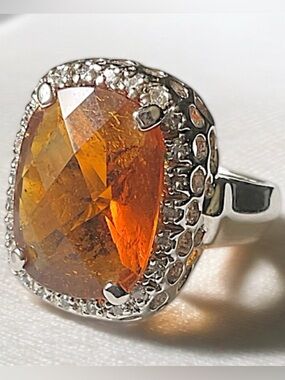 Sterling Silver Faceted Amber Glass Ring Size 7